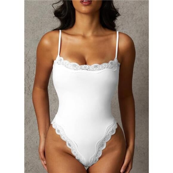 Women Lace Bodysuit Lace Trim High Cut White - Picture 1 of 4